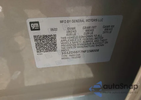 2022 Chevrolet Malibu Fwd Lt z USA, uszkodzony, nr VIN 1G1ZD5ST7NF158008